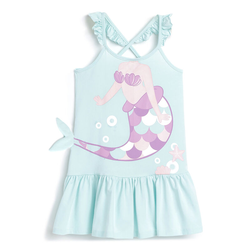 Girls Light Blue Printed Sleeveless Dress image number 0